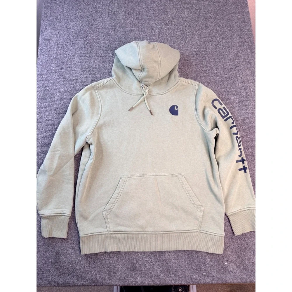 Carhartt‎ Hoodie Large L 12-14 Green Cotton Relaxed Fit Graphic Sleeve Pullover